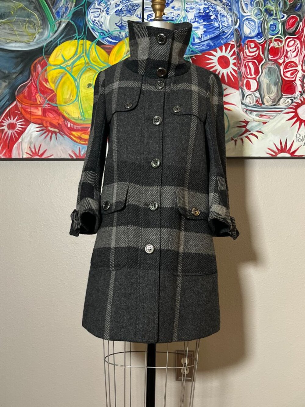 Burberry London Wool Plaid A-Line Swing Coat Gray Black Stand Collar